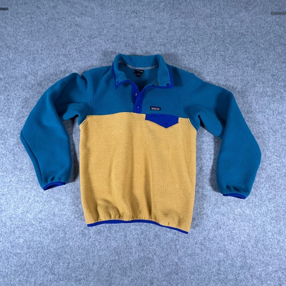 Patagonia Synchilla Snap-T Fleece Size Large Blue Teal Yellow Kids Pullover B4